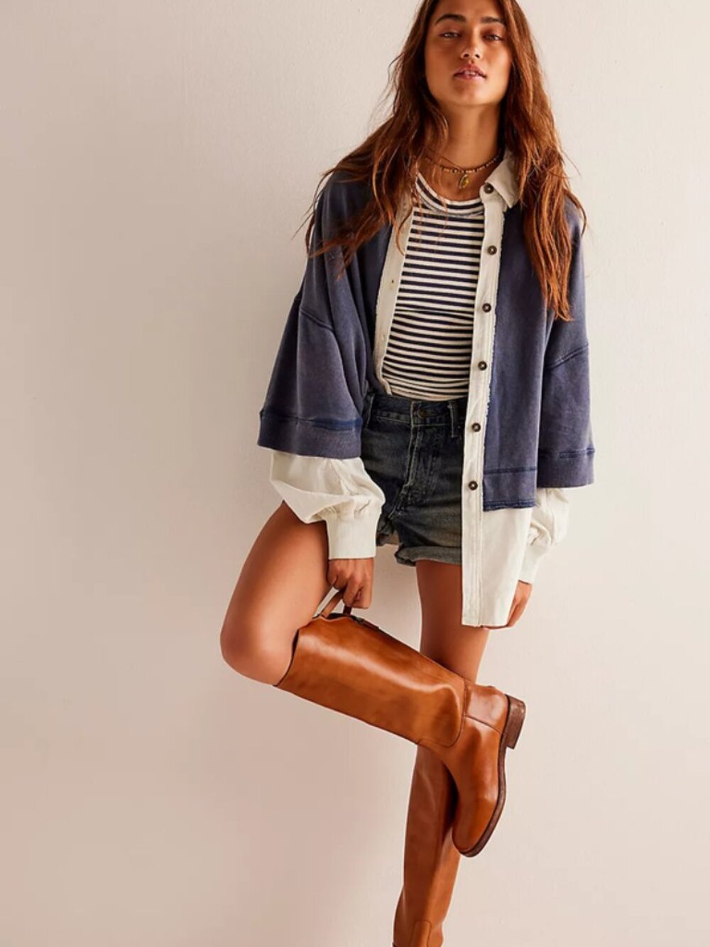 Free People We The Free Rebel Rebel Twofer Top Indigo Button Dropped Shoulder L